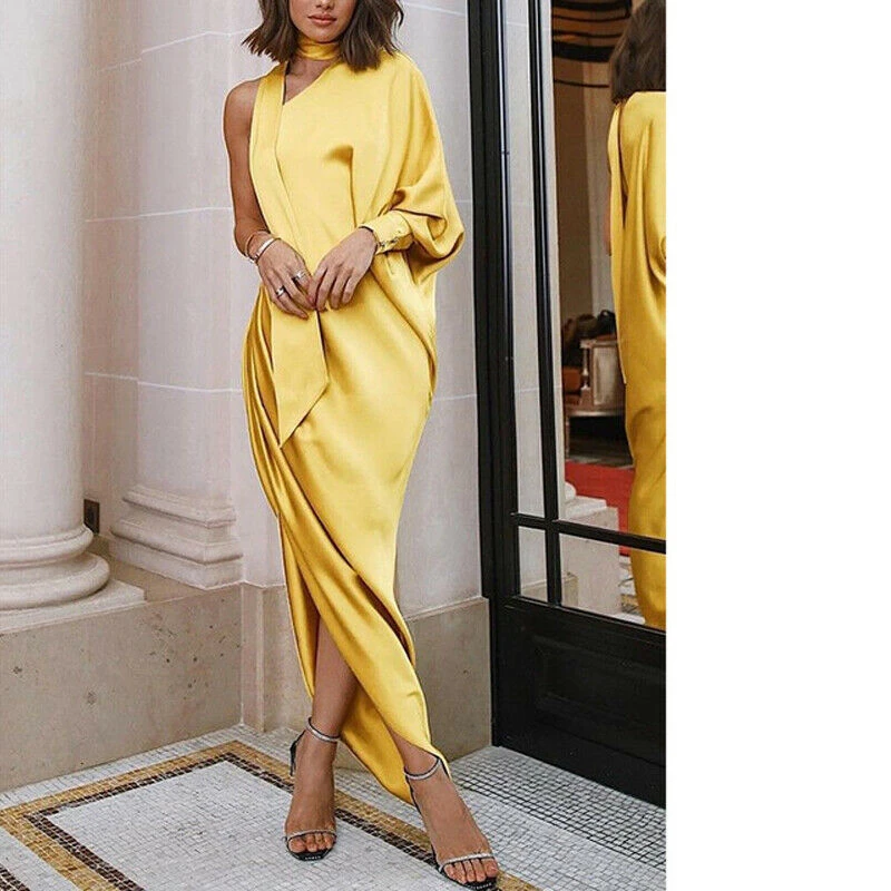 Yellow satin dress long sleeve Clearance
