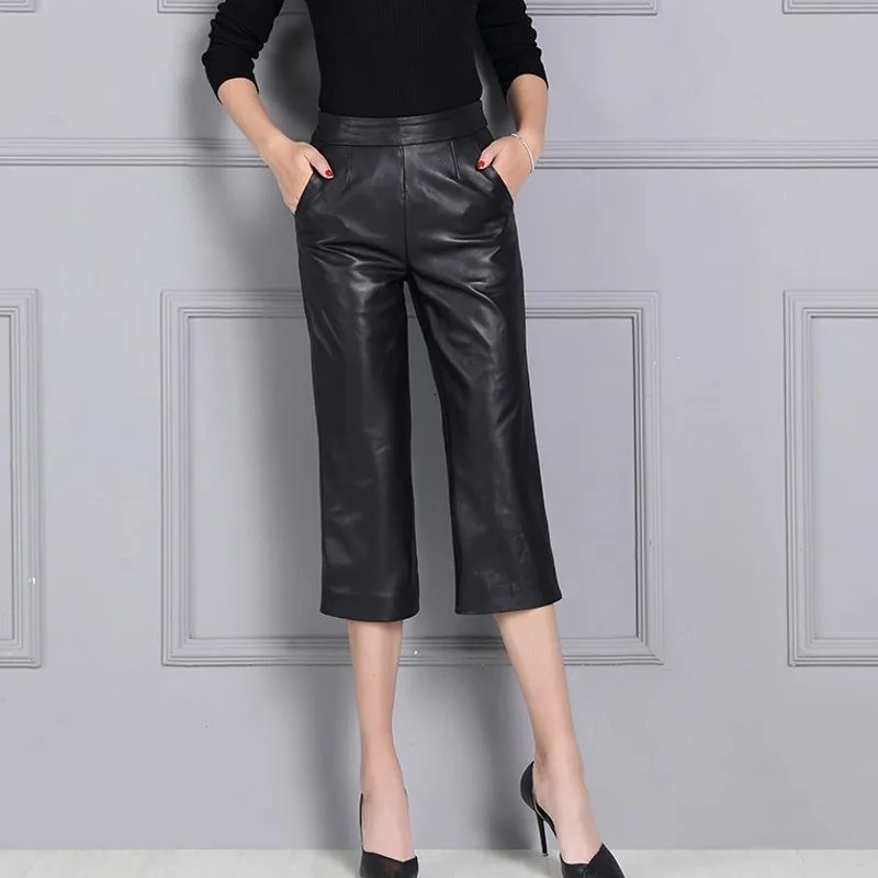 Top Merk Echt Lederen Broek Vrouwen Wijde Pijpen Kalf Lengte Broek Kantoor Dames Hoge Taille Casual Pantalones Plus Size S-4XL Top Merk Echt Lederen Broek Vrouwen Wijde Pijpen Kalf Lengte Broek Kantoor Dames Hoge Taille Casual Pantalones Plus Size S-4XL