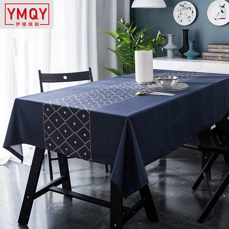 

2019 Velvet gold line blue tablecloth European household soft suede table cloth rectangular digital printing coffee table cover