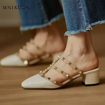 

Classics handmade women pumps mules shoes gladiator sandals 2020 new patent leather block medium heels rivet slippers size 42 43