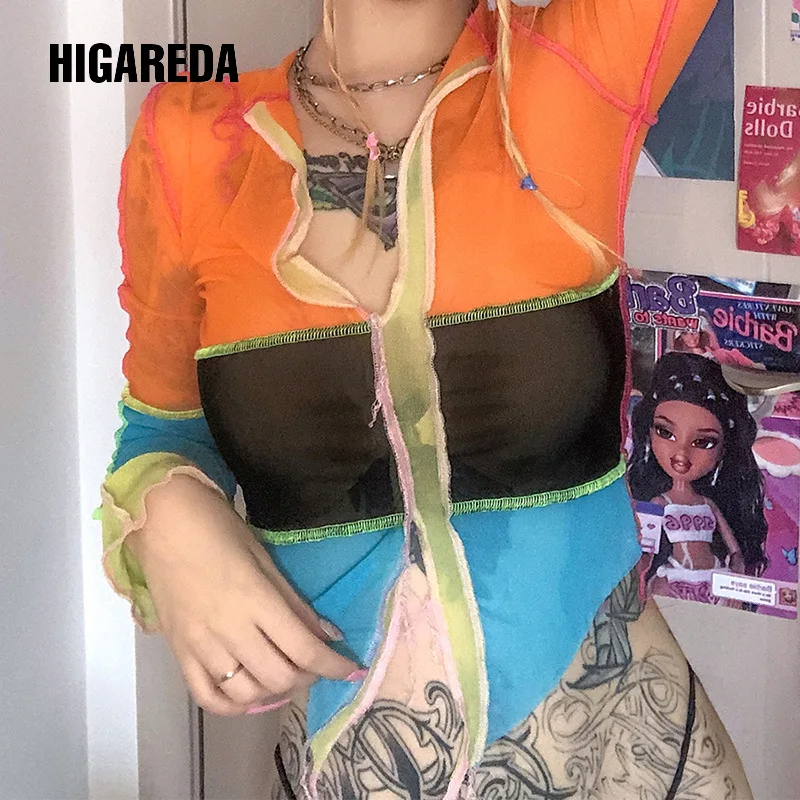 

See through Sexy T-shirts v-neck patchwork mesh fabric Long Sleeve autumn new shirts croped Female Party Club Harajuku y2k top