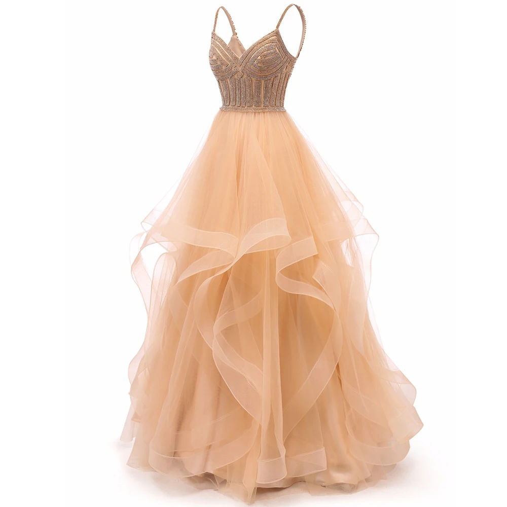 Vkbridal цвета шампанского золото Многоуровневое Тюлевое вечернее платье Длинные бальные платья кристаллы на шнуровке длинное формальное выпускное платье ремни
