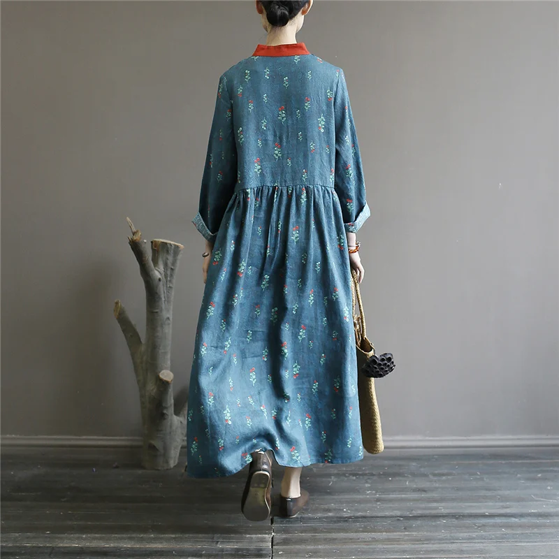 Johnature платье в китайском стиле для женщин, льняное платье-рубашка с длинным рукавом и стоячим воротником, Новинка осени, винтажное высококачественное женское платье-рубашка