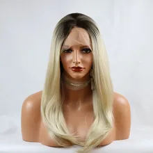 Смешанный блондинка парик с эффектом деграде(переход от темного к синтетический Синтетические волосы на кружеве парики для Для женщин темные корни Натуральные Прямые длинные светильник блонд Платиновый парик Тепло Хорошо 24