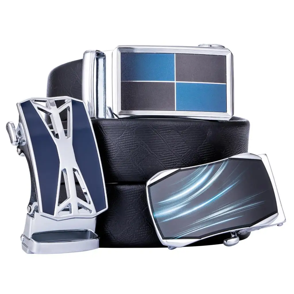 Black Leather Belt for Men Automatic Sliding Buckle Blue Stripe Buckle Waist Strap Changable Belt Gift Set for Male Barry.Wang
