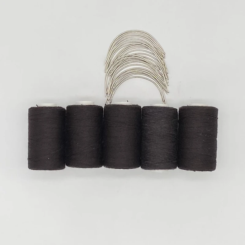 Thread needle kit 24 pcs C curved needle with gift 5 small rolls DARK BROWN color Cotton Sewing Thread Hand-tied weaving thread