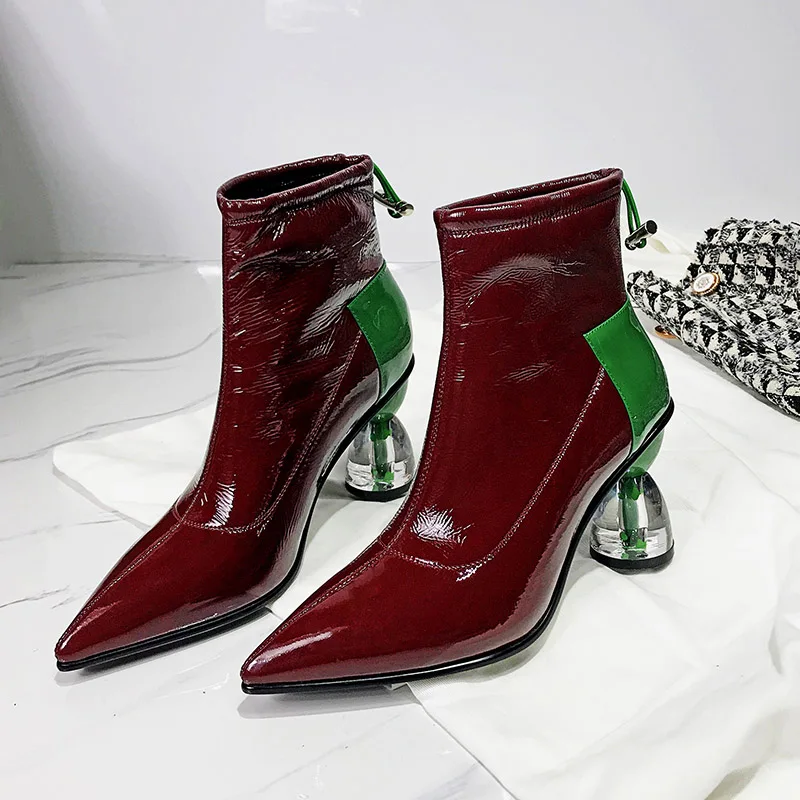 EF7319 Wine Red Намерение элегантные Для женщин смешанные Цвет ботильоны острый носок странный стиль каблука; Женская обувь размеры 4–9 - Цвет: EF7319 Wine Red