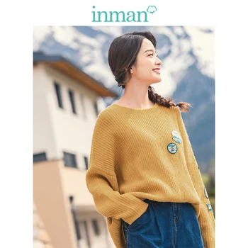 

INMAN Winter O-neck Drop-shoulder Sleeve Funny Emrboidery Loose Women Pullover