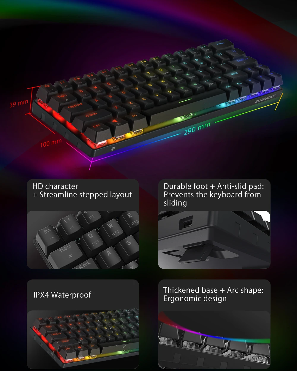 BlitzWolf BW-KB1 Wireless bluetooth-compatible Keyboard Gateron Black Switch RGB 63 Keys Layout NKRO Type-C Mechanical Gaming white computer keyboard