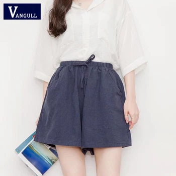 

Vangull Cotton and linen wide-leg shorts Summer Lace up elastic high waist A-line Loose Motion Casual Soft Plus size shorts