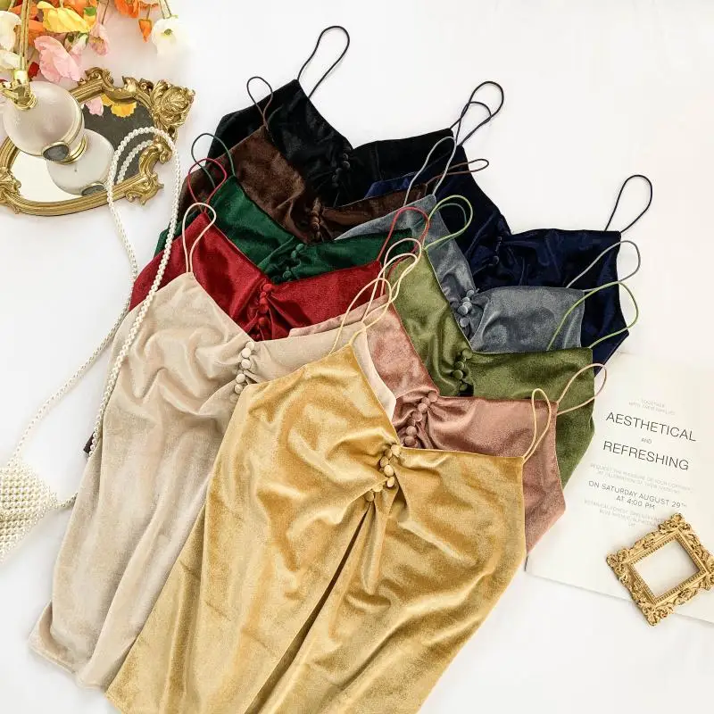 

Fall Women's Lace Stitching Lace Velvet Button Camisole Slim Cami High Quality Female Sexy Sling Homewear Underwear Sleepwear