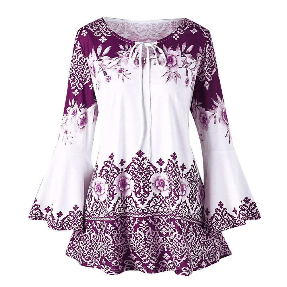 Фиолетовый Plus Size Chinese Style Long Printed Sleeve Top Keyhole Bandage Flare Sleeve Blouse Fashion Vintage Lace Up Shirt Camisetas#Y1 - Цвет: Фиолетовый