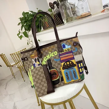 

Shoulder Bags Women Bags Canvas Embroidery Handbags Totes Free Inner Bag Braccialini Style Handmade Cartoon Mexican Landscape