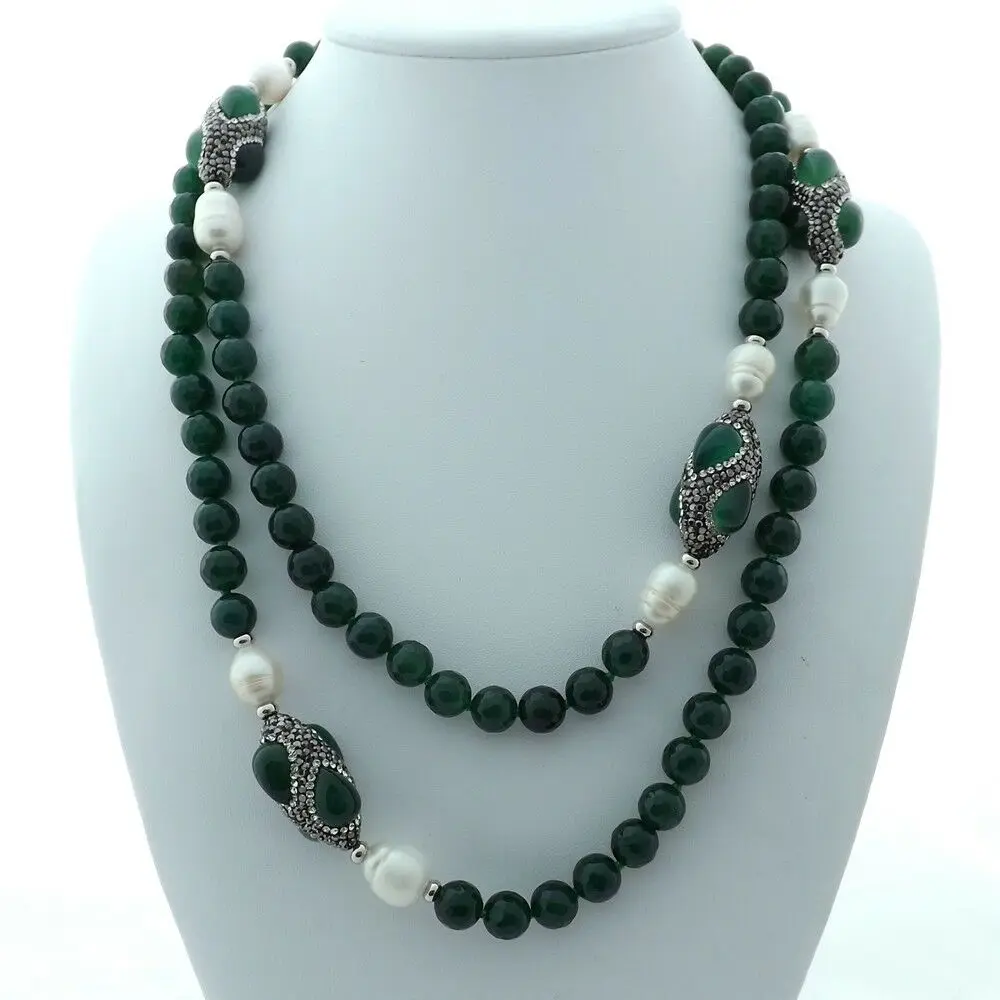 

48'' Green Agate White Rice Pearl Necklace