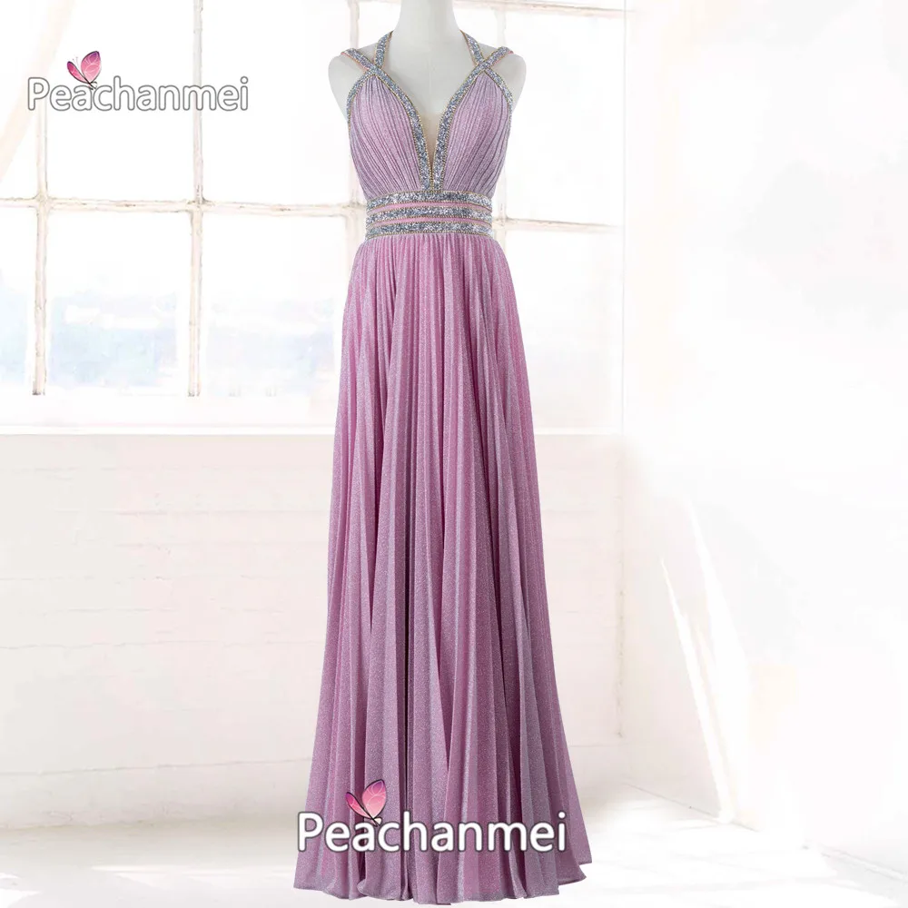 

Glitter V Neck Formal Evening Dress Long Robe De Soiree Pink A Line Sequins Prom Dresses Sexy Backless Bling Ball Gowns 2020