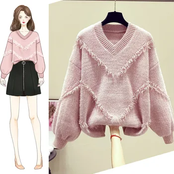 

Loose and thickened mink women's sweater women's wear autumn and winter wear 2019 new base coat fashion net red V-neck