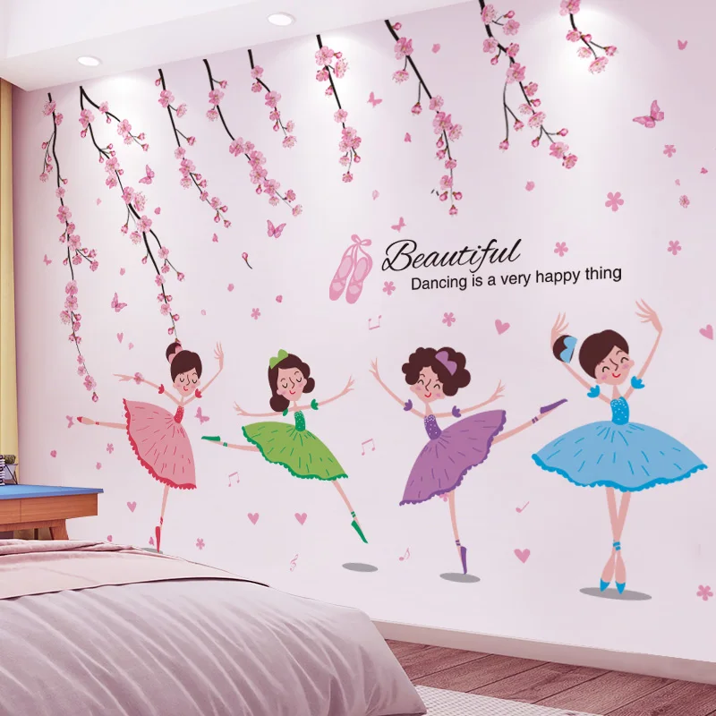 

[shijuekongjian] Cartoon Ballet Girl Wall Stickers DIY Peach Flowers Bicycle Mural Decals for Kids Rooms Baby Bedroom Decoration