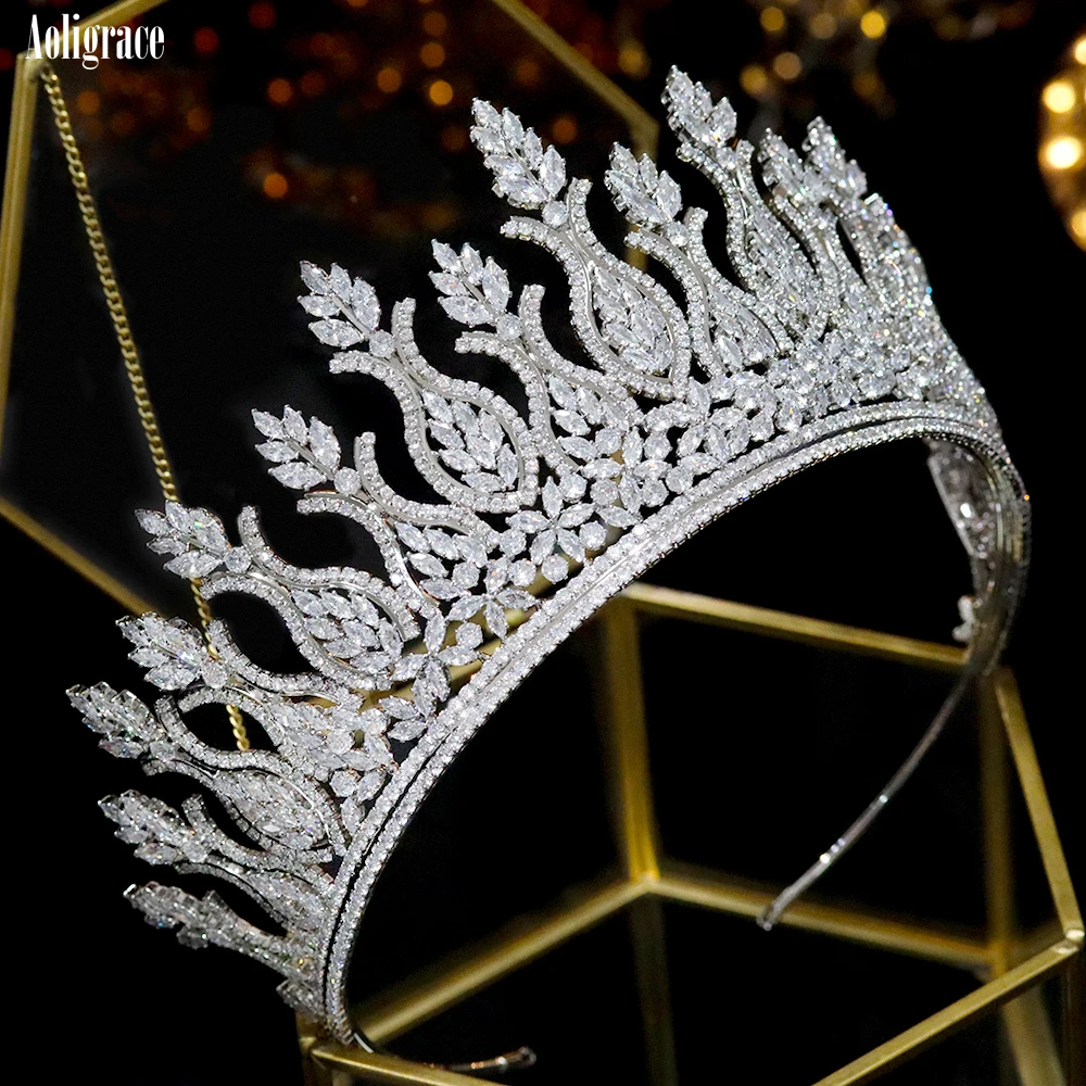 Luxury Big Cubic Zirconia Wedding Crowns Platinum Plated CZ Tall Tairas Unique Design Zircon Birthday Party Sweet 16 Headpieces