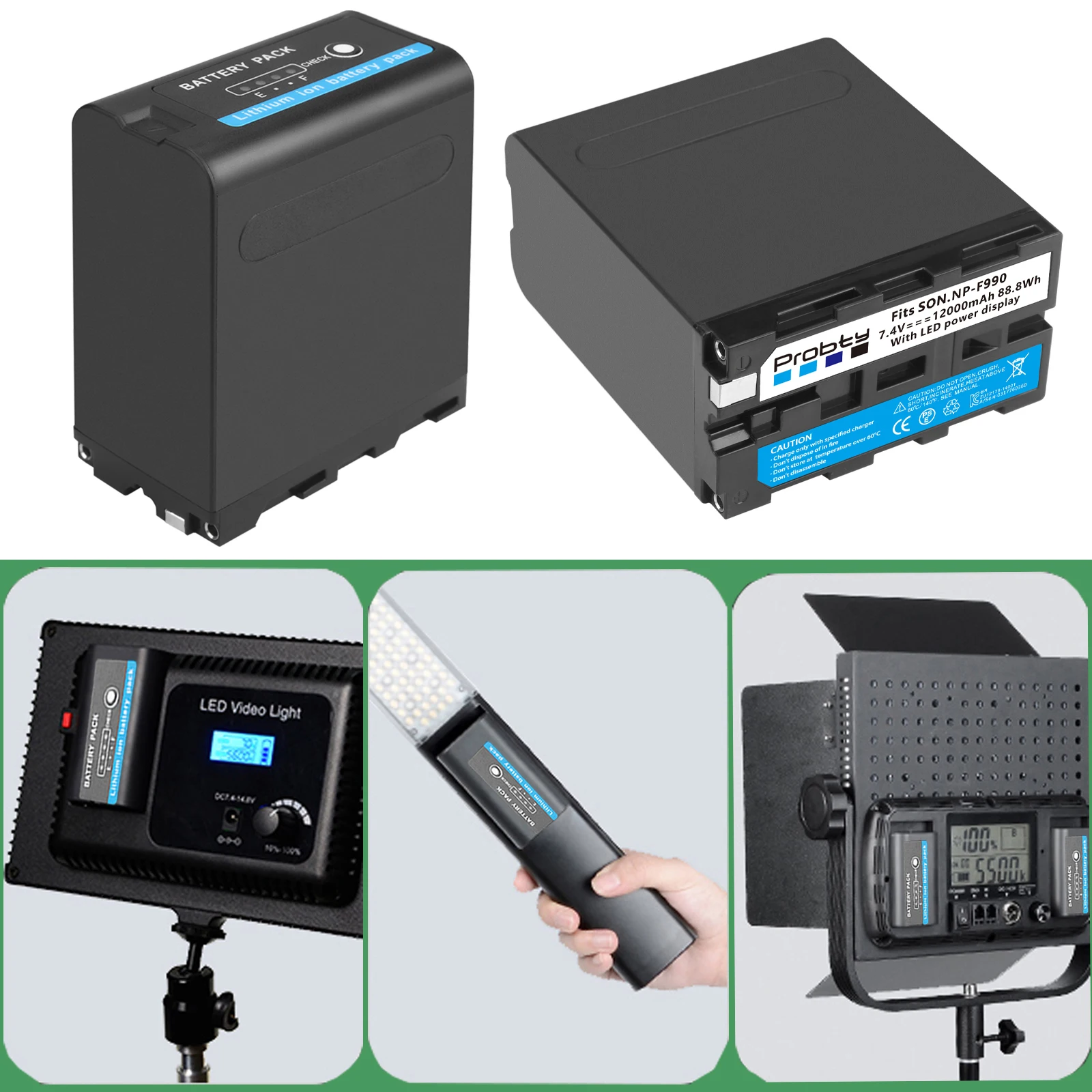 Bateria Probty 12000mah Np-f990 Np-f980 F970 F960 para Yongnuo Godox Yn300air ii Yn300 Iii Yn600 L132t Conduziu a Bateria de Luz de Vídeo - Image 5