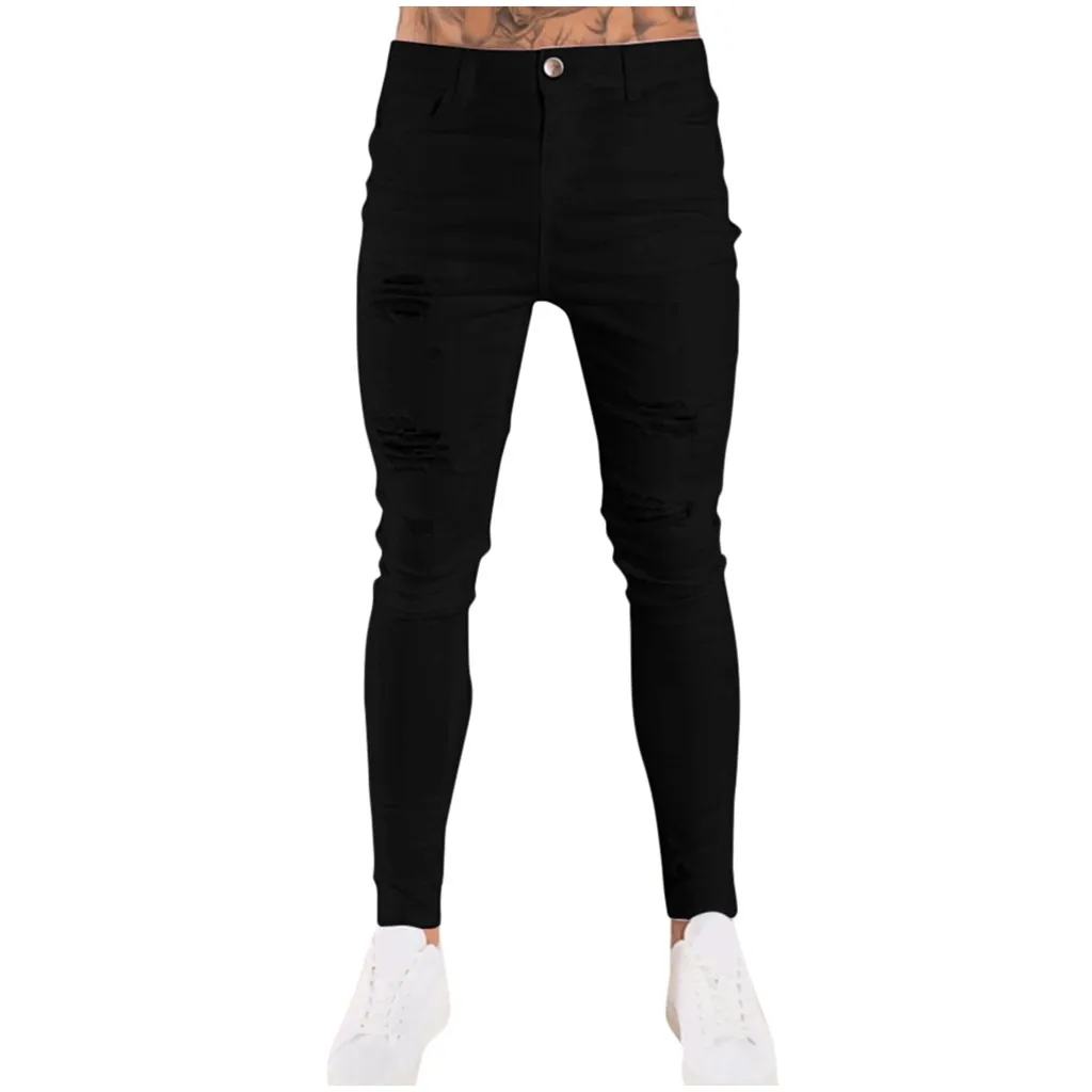 SAGACE Men's Fashion Denim Hole Trouser Distressed Jeans Long Pencil Pants Streetwear High stretch and self-cultivation pants