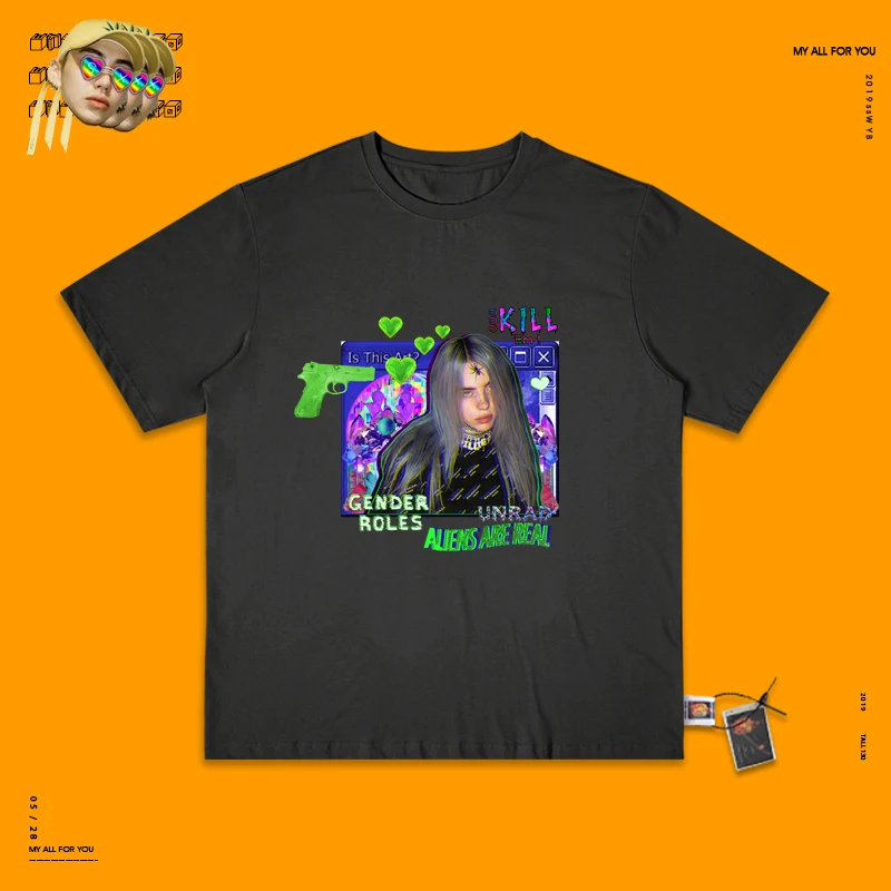 Washed black Exceed Fire Billie Eilish портретный дизайн пирус груша пара волна стиль короткий Половина рукава футболка Cec - Цвет: Washed black