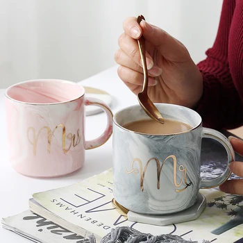 

European Gold stamping ceramic mark cup lovers cup breakfast coffee cup and milk tea cup Mr Ms letter Men women marble Mug