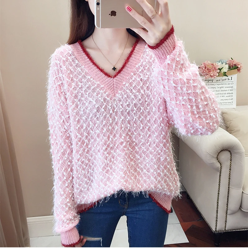

Loose Mohair Knit Sweater Women 2019 Autumn Winter Warm Long Sleeve V-Neck Sweater Pullovers Female Casual Oversized Sweater