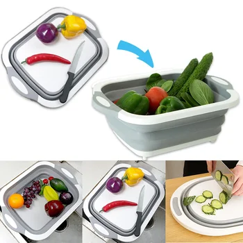

Collapsible Chopping Block Foldable Cutting Board Kitchen Silicone Cutting Board Fruit Washing Basket With Draining Plug Hot