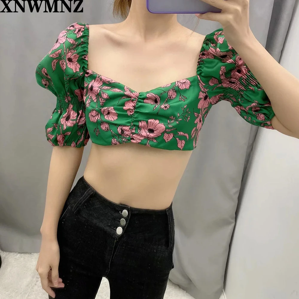 

XNWMNZ za Women 2020 Sweet Fashion Floral Print Cropped Blouses Vintage V Neck Puff Sleeve Back Stretch Female Shirts Chic Tops