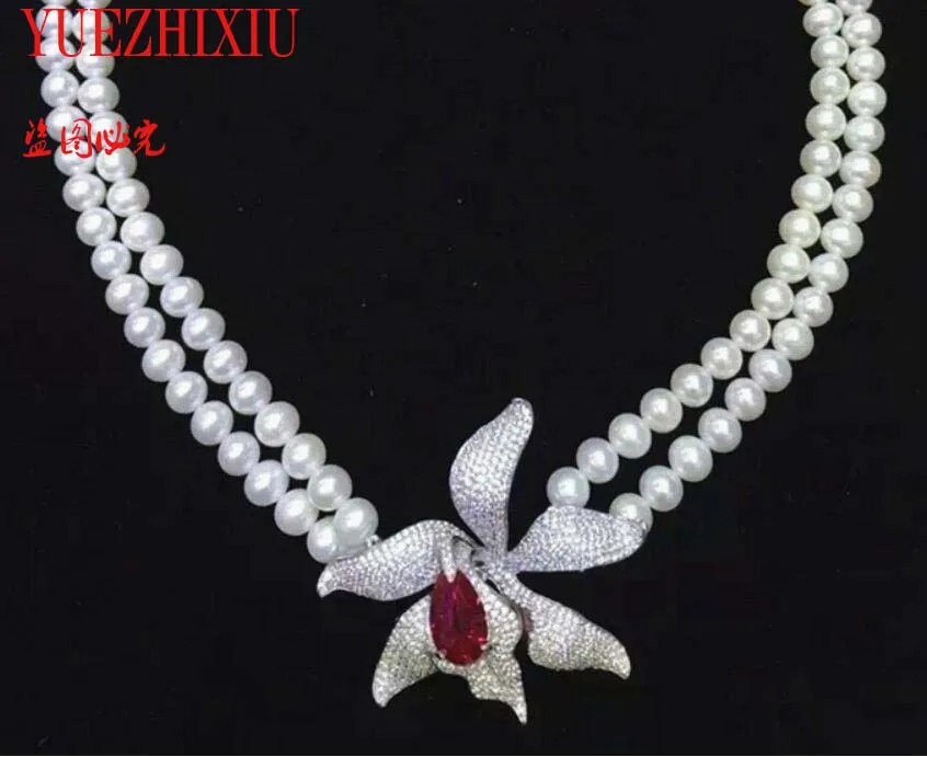 luxury multi-stone zircon flower connector 2row 8-9mm White freshwater Pearl Necklace