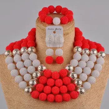 

red white african wedding beads jewelry set simulated pearl costume necklace nigerian jewelry set for women FZZ12