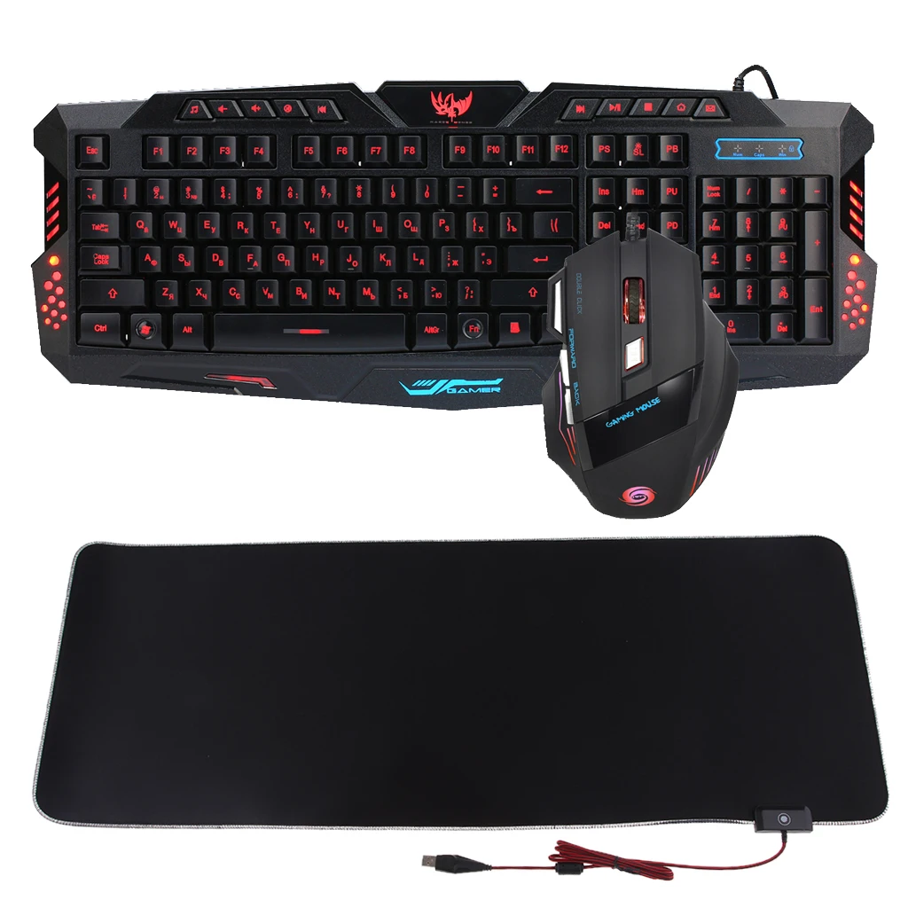 

Russian Characters/Letters Backlight Russian Gaming Keyboard and Mouse With RGB Lighting Super Large Desktop Support Mat