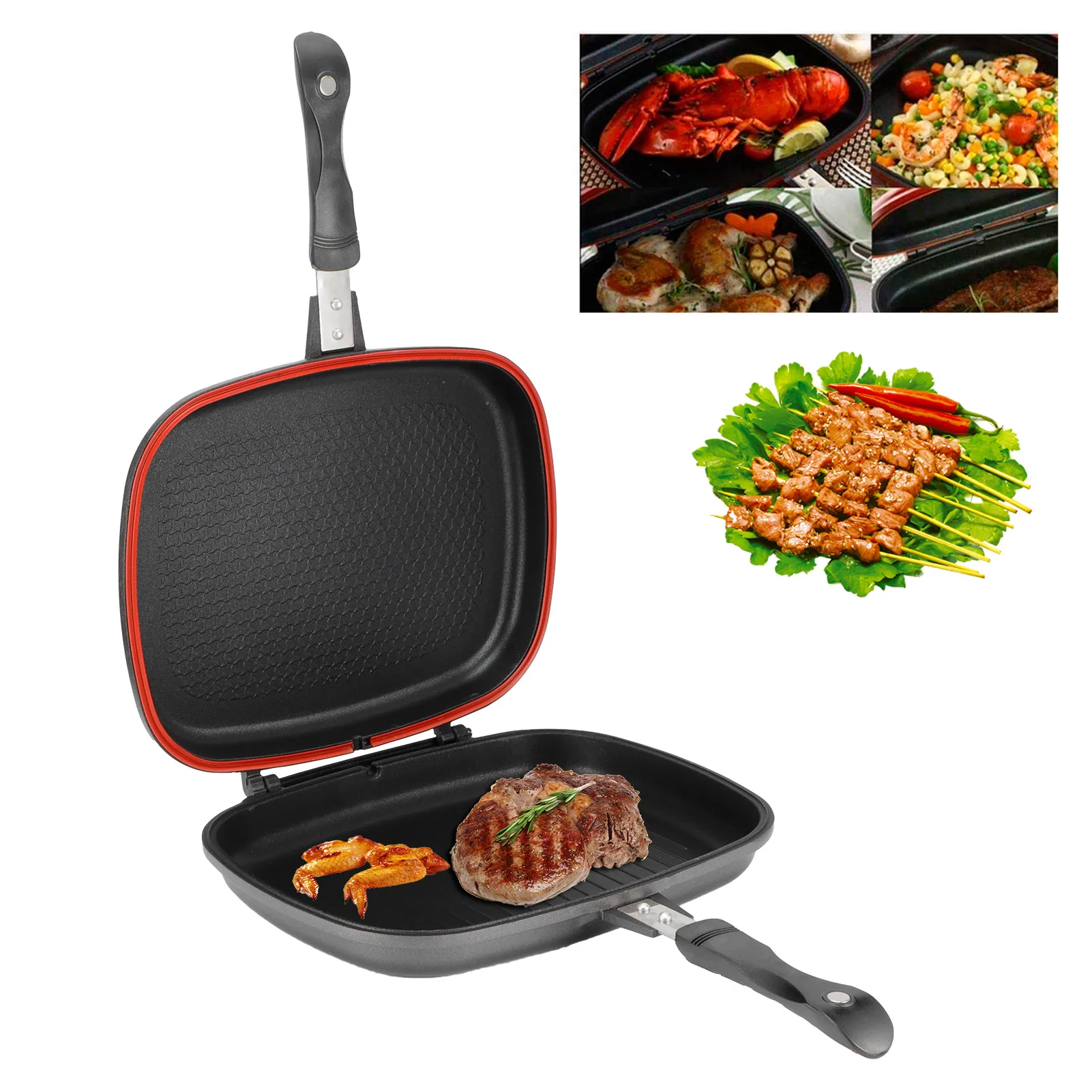 Double Pan Grill Pan Frying Double Side Portable Antiburn Handle