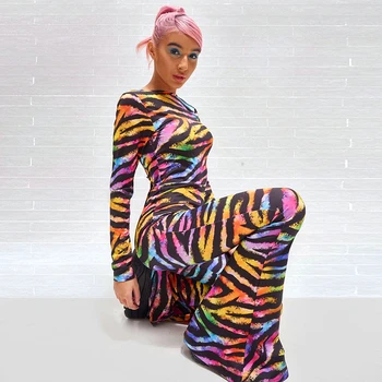 

Streetwear Rainbow Zebra Print Loose Jumpsuit Backless Flare Long Pants Sexy Party Club Body Suits Colorful Striped Rompers