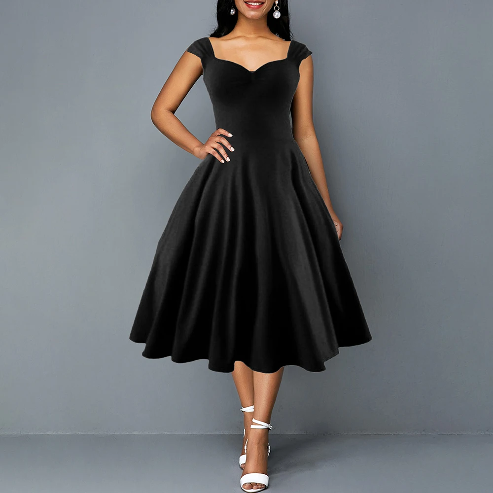 

Women Elegant Prom Party Dress Black Draped Cap Sleeve Summer Dresses Robe 2020 A Line Midi Dress African Style Red Vestiods