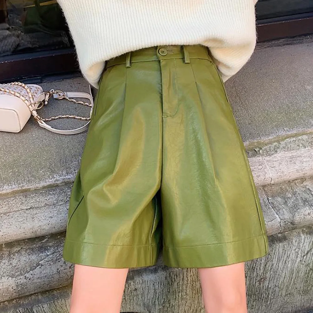 Pantaloncini estivi da donna pantaloni corti Casual a vita alta  pantaloncini Bermuda in pelle PU con cerniera allentata per donna|Shorts| -  AliExpress