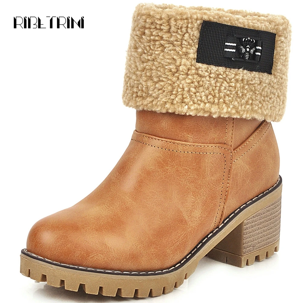 

RIBETRINI Women Snow Boots Chunky Heel Shoes Woman Winter Fur Shoes Round Toe Platform Slip On Ankle Boots Big Size 34-46