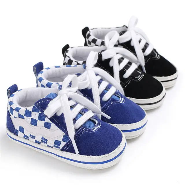 US $4.14 Baby Shoes Girl Boy Crib Canvas Shoes Lace-Up White Plaid Anti-slip Sneaker Soft Sole Newborn Plims
