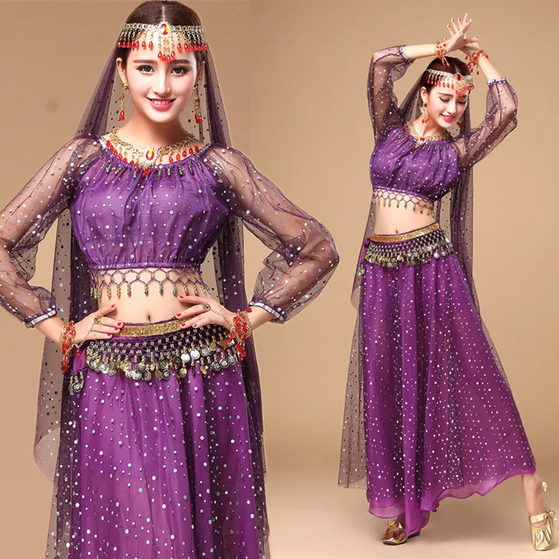 

FEECOLOR New belly dance mesh highlight Indian dance costume autumn and winter dance performance costumes whole set, no shoes