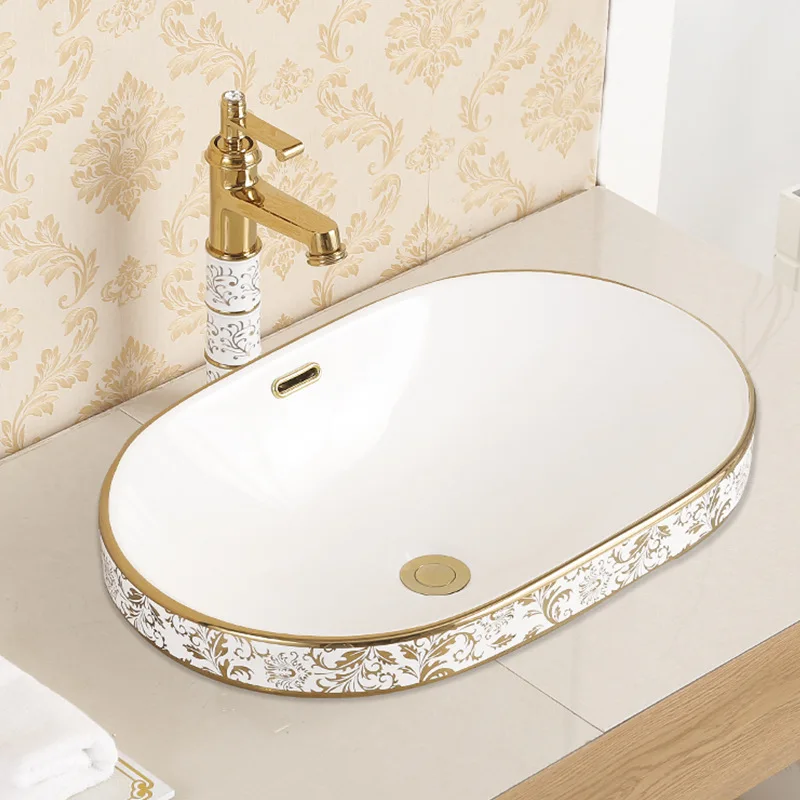 

European Luxury Bathroom Sinks Gold Semi Embedded Basin Circular Ceramic Washbasins Household Wash Washing Sink