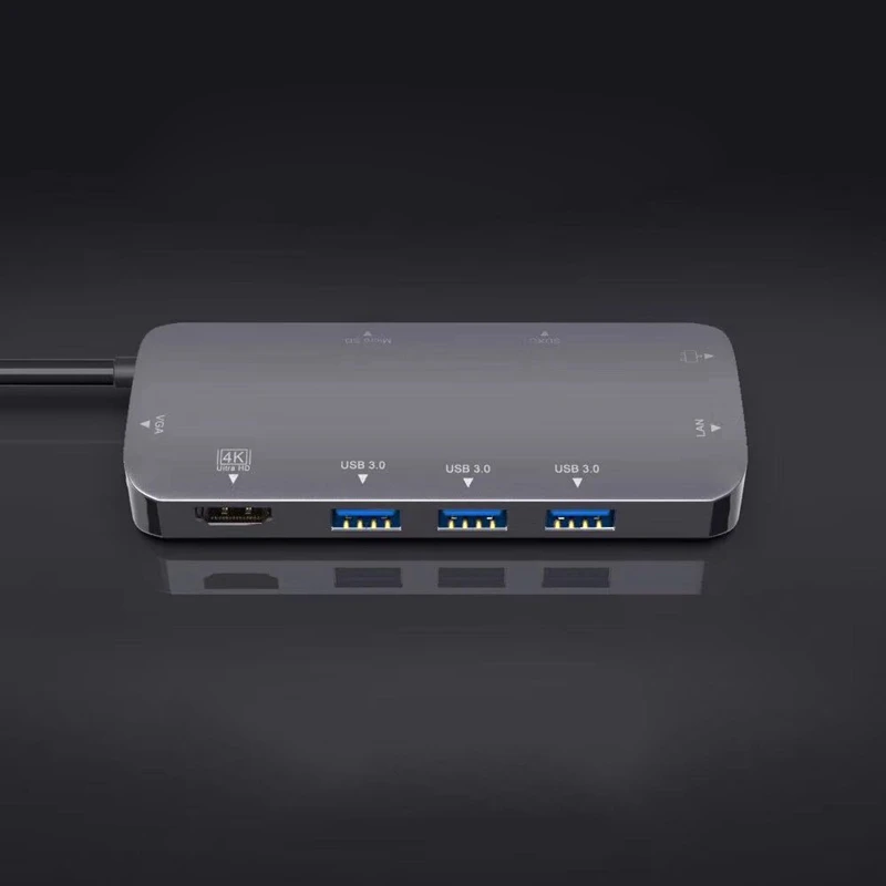 USB C концентратор, 9 в 1 Тип C адаптер с 4K HDMI, 60 Гц, VGA, 1 Гбит/с RJ45 Ethernet, с 3 портами(стандарт 3,0 Порты и разъёмы, светодиодный дисплей, SD/TF Card Reader устройство чтения карт, 60 Вт зарядка PD Po