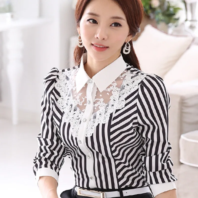 New Women Lace Spliced Embroidery OL Blouses Tops Feminine Slim Shirt Korean Fashion Stripe Tops Plus Size 4XL satin shirts for women Blouses & Shirts