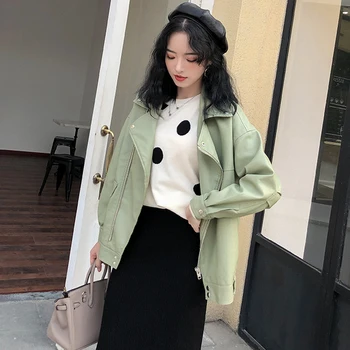 

2020 Autumn Faux Soft Leather Pu Jacket Women Loose Punk Coat Female Turndown Collar Rivet Zipper Street Overcoat Jackets Moto