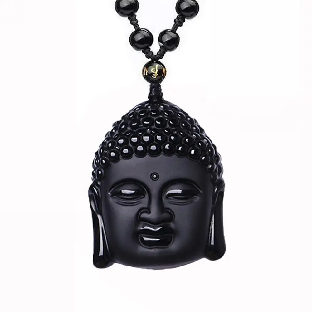 

Natural black obsidian crsytal sakyamuni buddha necklace Amulet pendant bead with adjustable chain for women or men