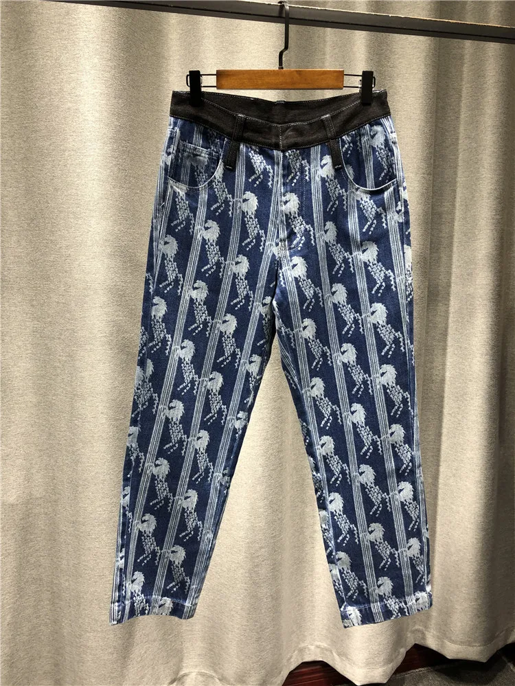 Autumn New Fashion Temperament Printing Design women Jeans Cotton Tall Waist Straight Loose Nine Minutes Of Jeans Woman 2020