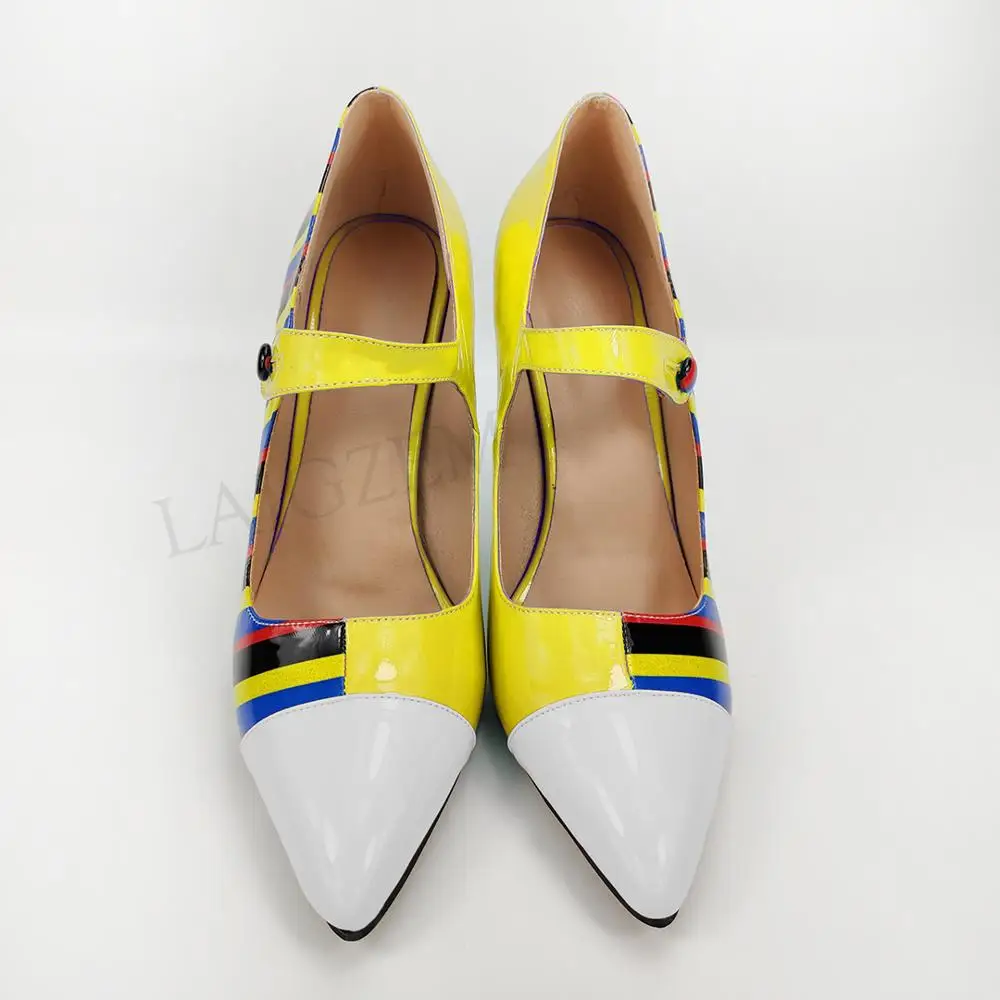 Yellow-White LAIGZEM; коллекция года; Модные женские разноцветные туфли-лодочки mary jane на каблуке; вечерние свадебные туфли; 4 сезона; большие размеры 44, 45, 46, 47 - Цвет: Yellow-White