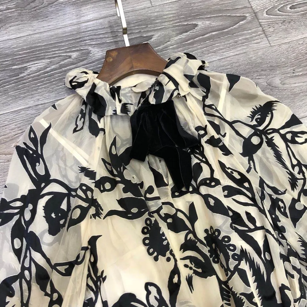 2020 Autumn New Black Printed Half High Neck Velvet Lace Long Sleeve Women Dress
