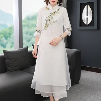

White Dress Women Spring High Quality Chinese Style Embroidered Cheongsam Dress Mandarin Collar 3/4 Sleeves Loose A-Line Midi