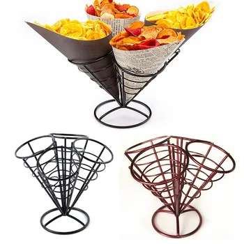 

New 4In1 French Fry Stand Cone Basket Holder Black Iron Rack Ice Cream Shape Food Shelves Bowl Kitchen Potato Fries Chips Appeti