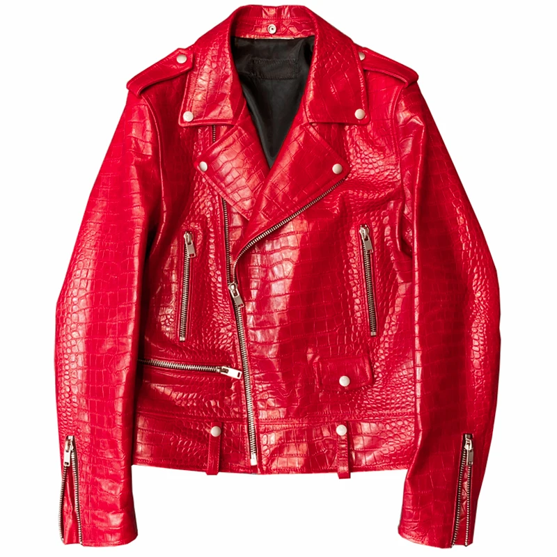 Mauroicardi Spring Red Crocodile Pattern Faux Leather Biker Jacket Long Sleeve Zipper Plus Size Designer Men Clothing 4xl 5xl 3